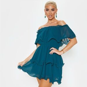 PrettyLittleThing EMERALD GREEN CHIFFON BARDOT RUFFLE TIERED DRESS SIZE 6